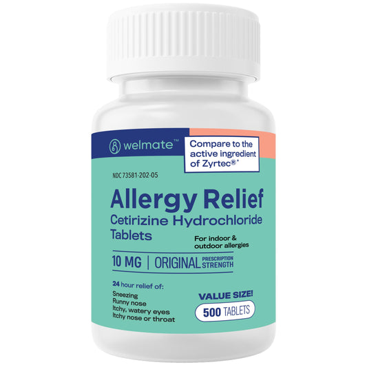 WELMATE allergy relief bottle with 500 tablets for all-day protection.