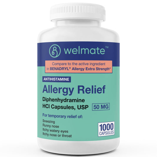 WELMATE allergy relief bottle with 50 mg capsules for up to 24-hour symptom relief