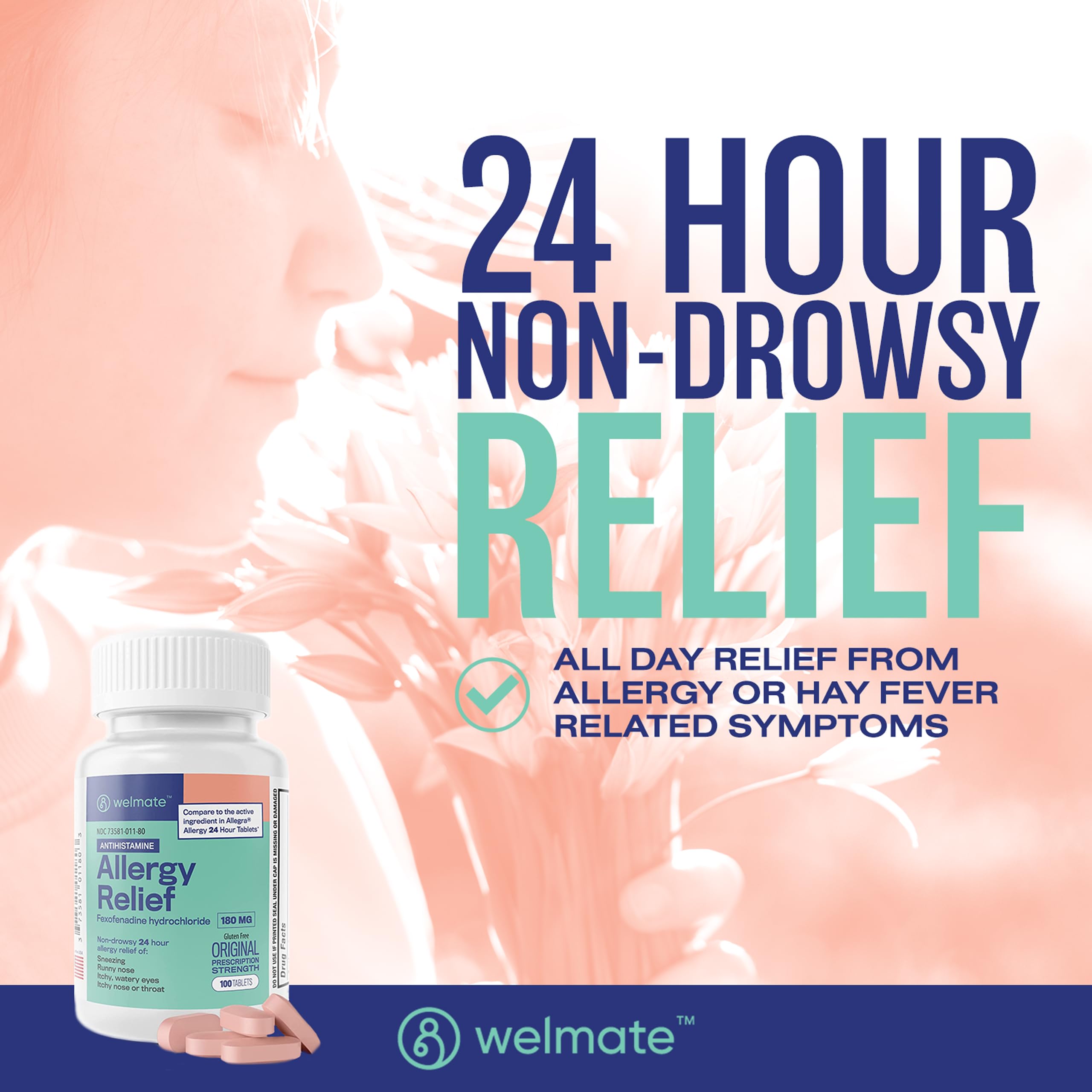 WELMATE allergy relief tablet close-up highlighting 180 mg dosage.