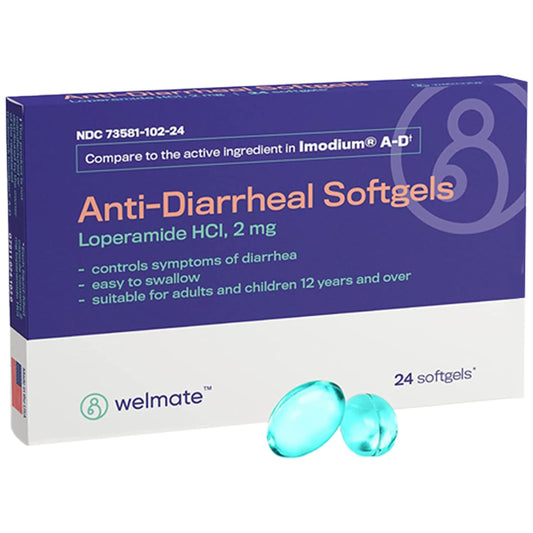 WELMATE anti-diarrheal softgels bottle shown for quick diarrhea symptom relief and consistent dosing