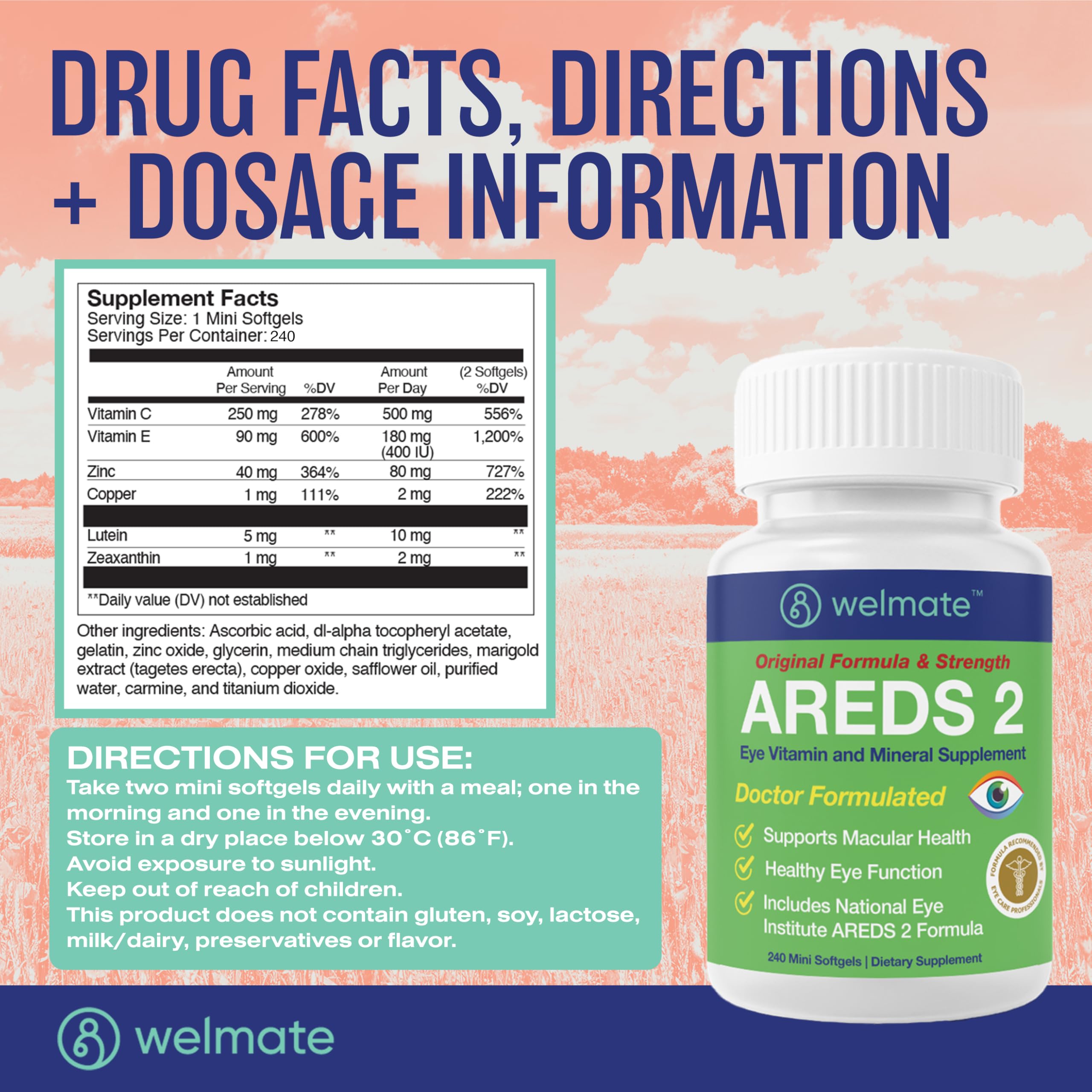 Icons indicating gluten-free, dairy-free and soy-free AREDS 2 supplement.