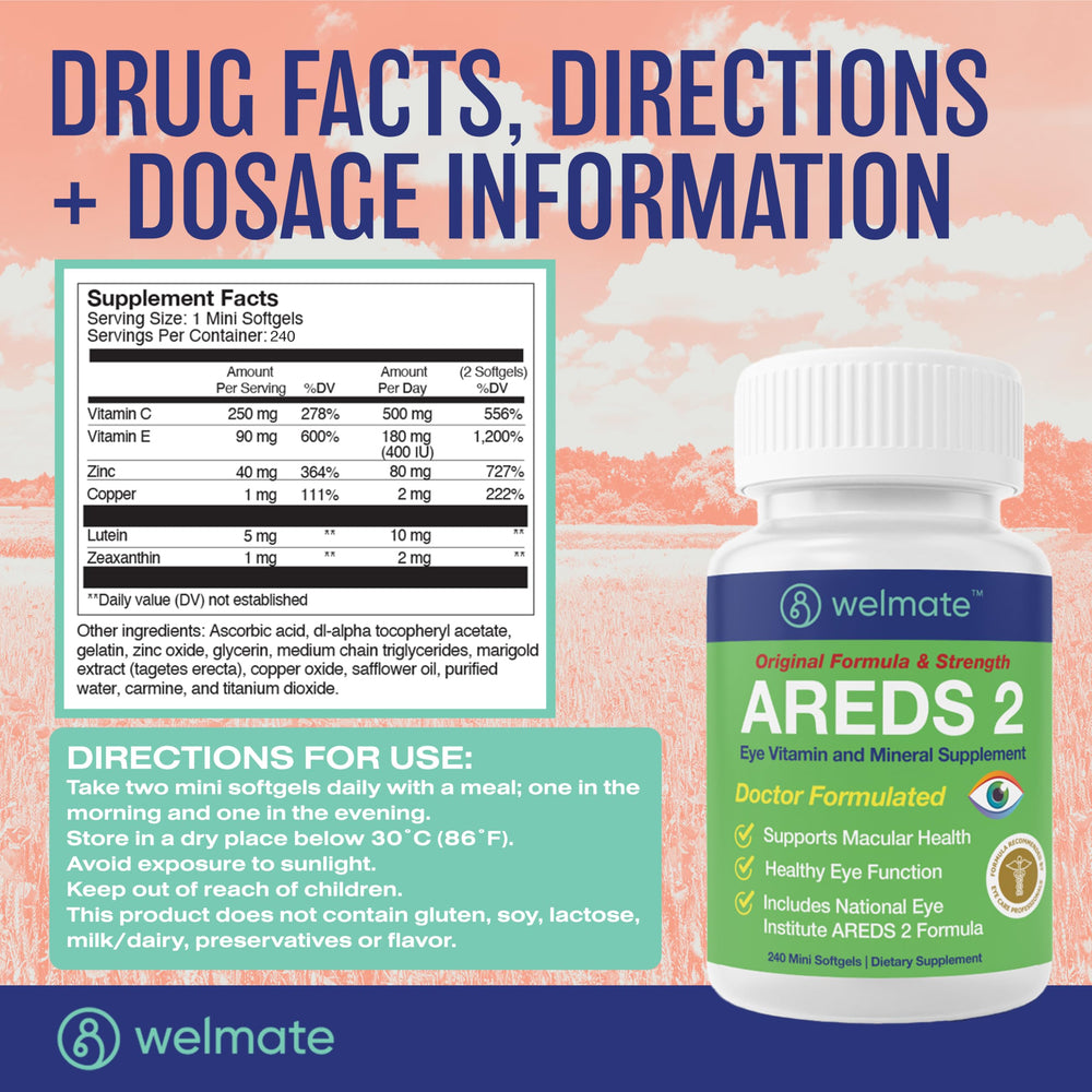 Icons indicating gluten-free, dairy-free and soy-free AREDS 2 supplement.