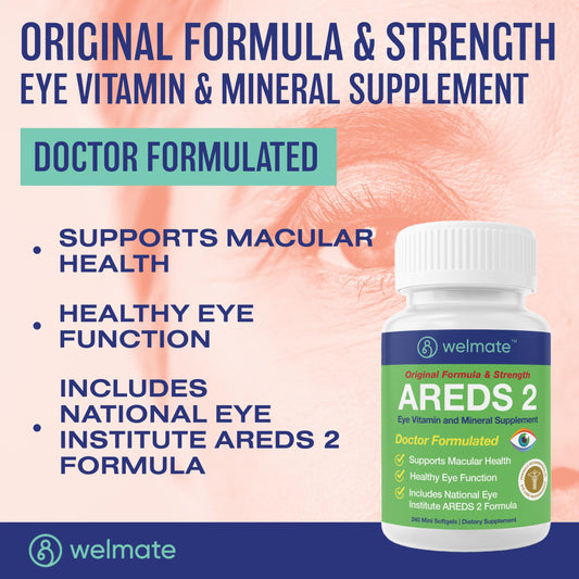 Close-up of AREDS 2 ingredients: Vitamin C, Vitamin E, Zinc, Copper, Lutein, Zeaxanthin.
