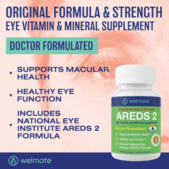 Close-up of AREDS 2 ingredients: Vitamin C, Vitamin E, Zinc, Copper, Lutein, Zeaxanthin.