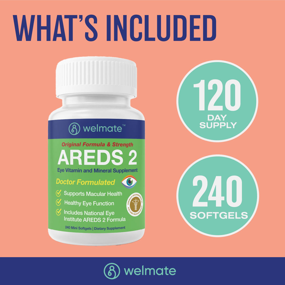 Made in the USA WELMATE AREDS 2 bottle and packaging.