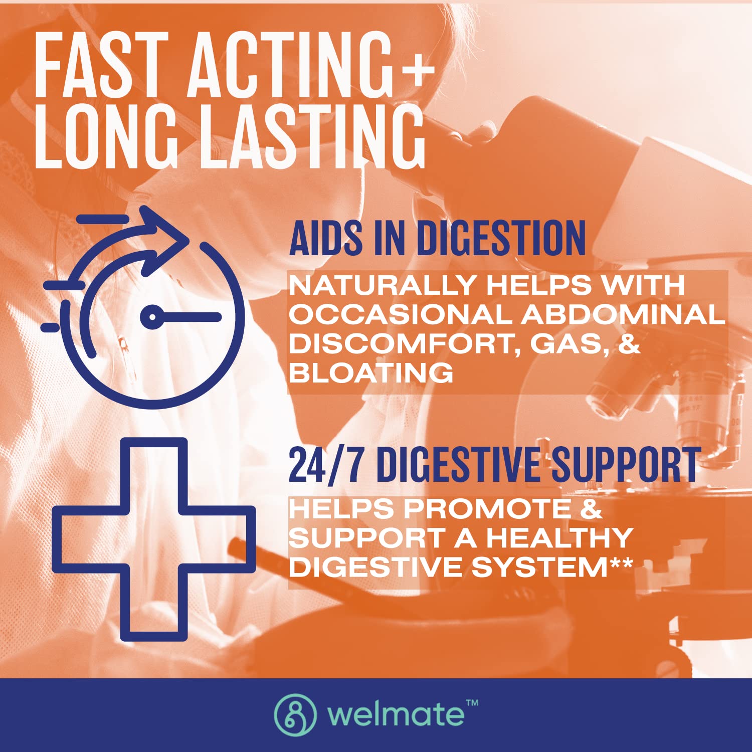 Front view of WELMATE probiotic bottle and capsules