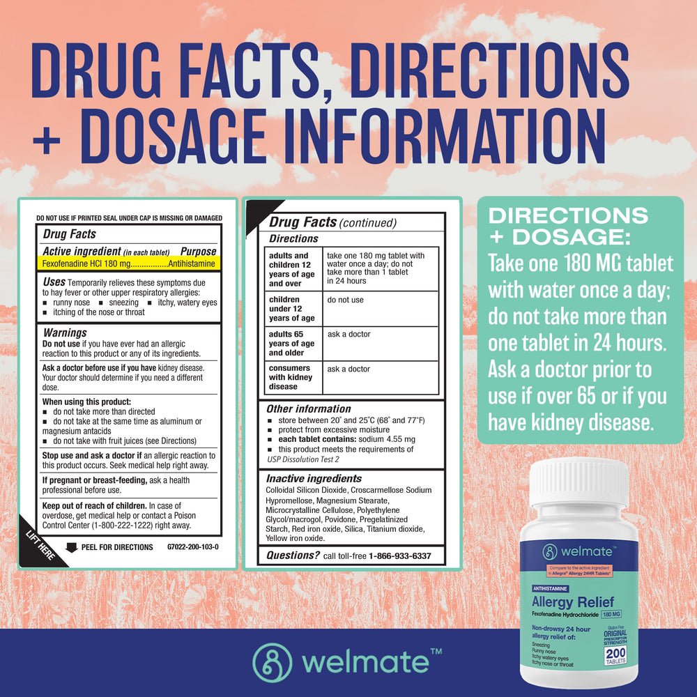 WELMATE bottle on bathroom shelf signaling 24-hour allergy support.