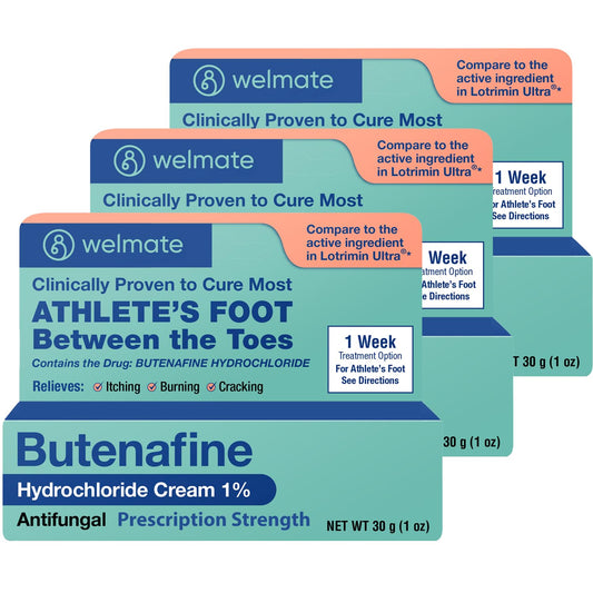 Welmate Butenafine cream tube provides quick antifungal relief for feet.