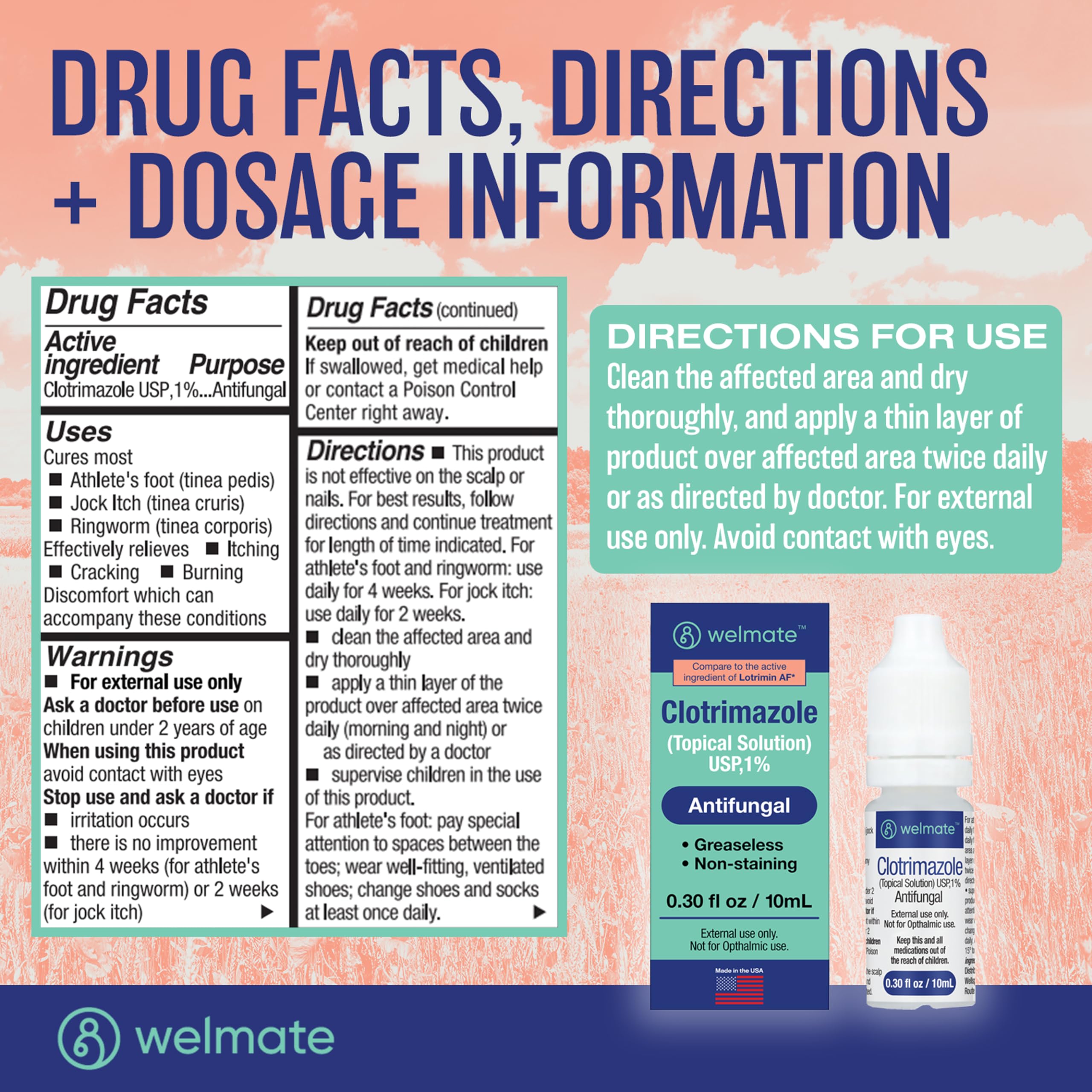 WELMATE Clotrimazole 1% topical solution packaging box shows size and product