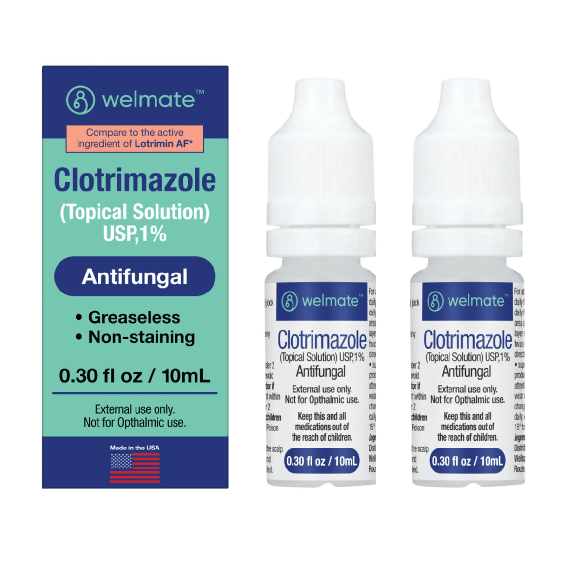 WELMATE Clotrimazole 1% topical solution tube for fast fungal relief on skin.