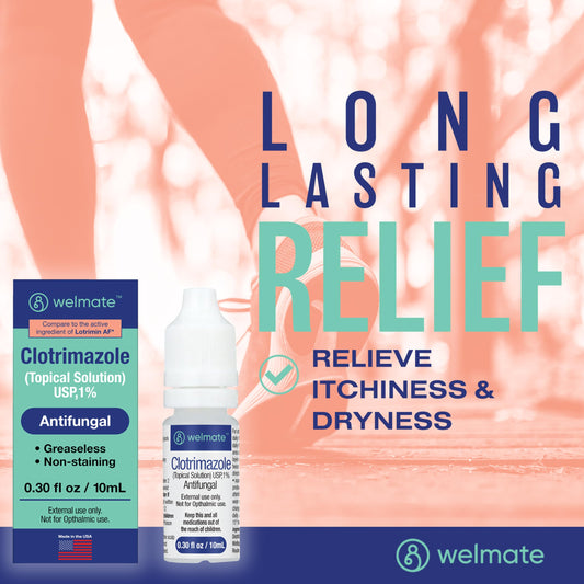 WELMATE Clotrimazole 1% topical solution tube demonstrates non-staining, greaseless application.