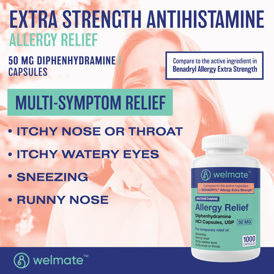 WELMATE diphenhydramine capsules close-up highlighting 50 mg dosage for relief