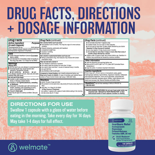 Welmate Esomeprazole 20mg bottle with delayed-release capsules for daily protection.