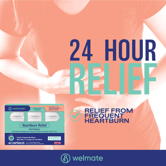 WELMATE Esomeprazole 20mg capsules close-up highlights delayed-release capsules for steady protection.