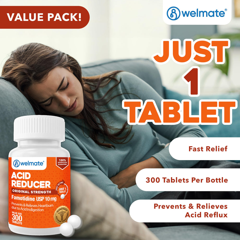 WELMATE famotidine packaging highlights value size of 300 tablets.