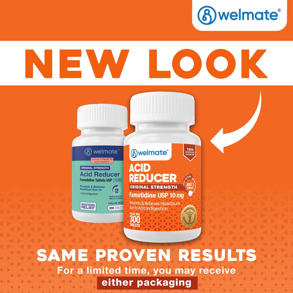 WELMATE famotidine tablets shown for easy daily acid indigestion relief.