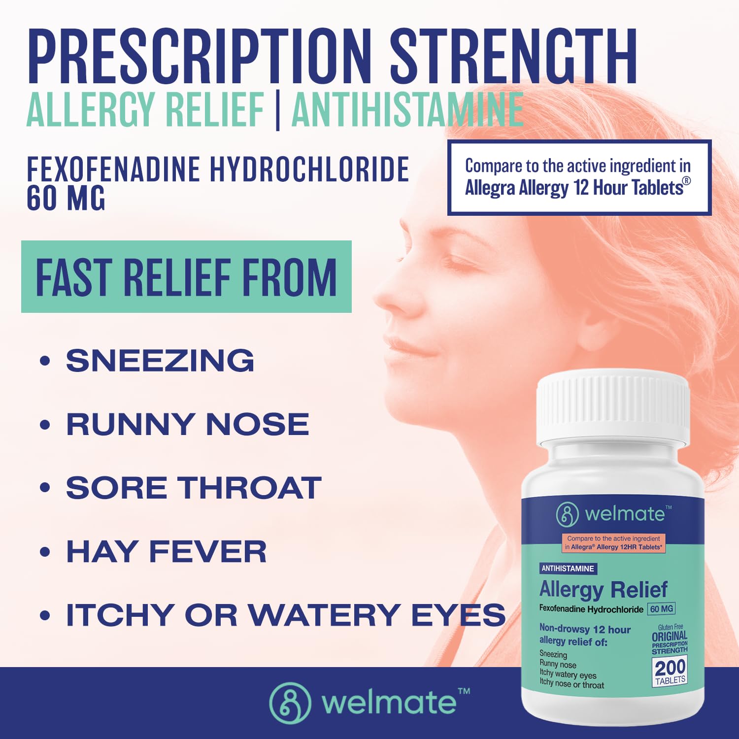 WELMATE fexofenadine bottle close-up highlighting 60mg dosage and packaging.
