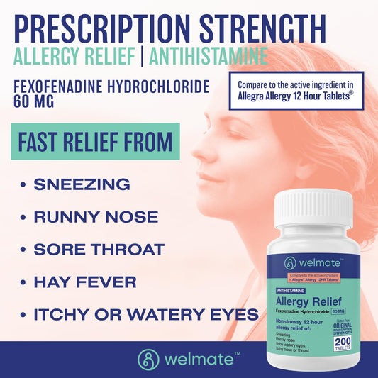 WELMATE fexofenadine bottle close-up highlighting 60mg dosage and packaging.
