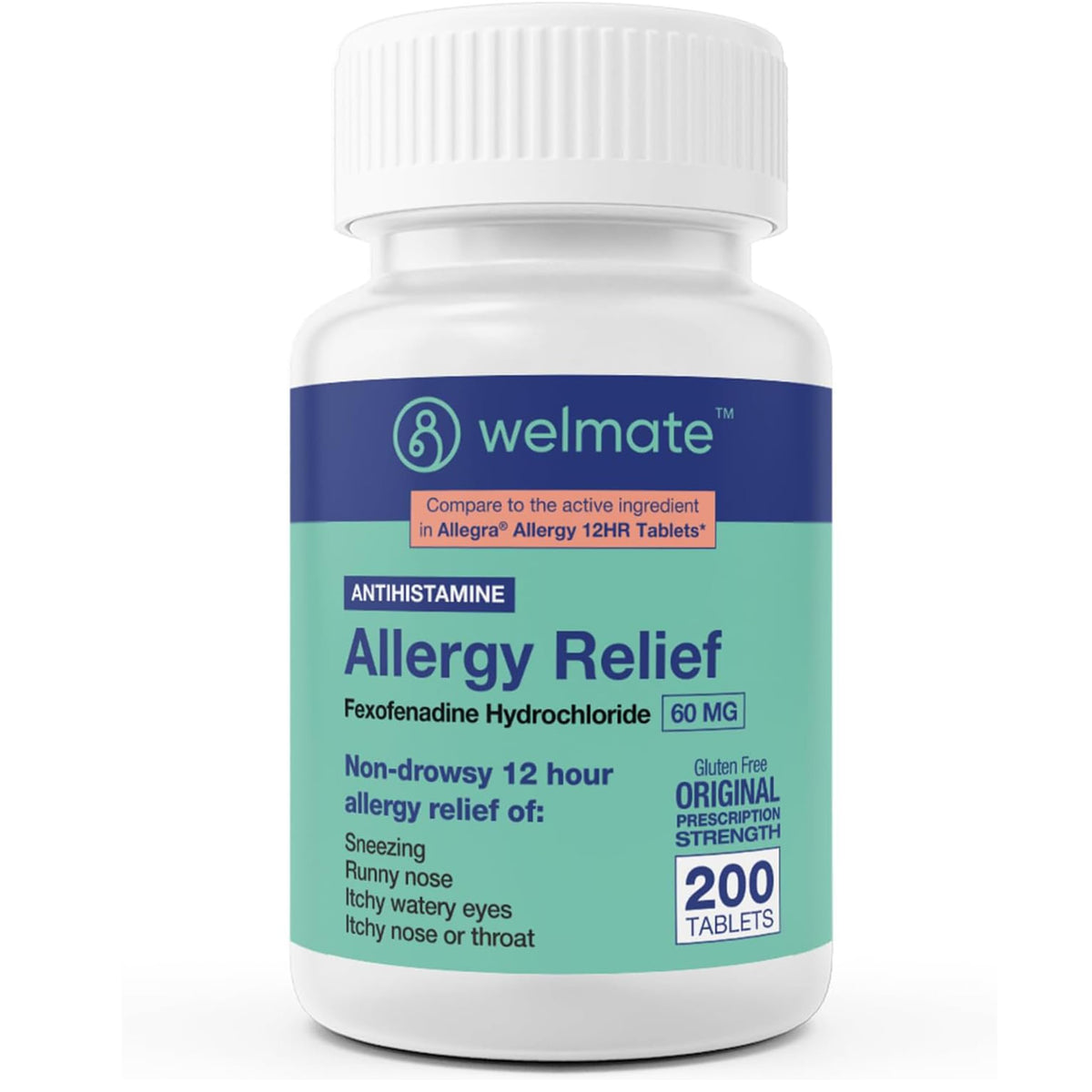 WELMATE Fexofenadine 60mg tablets bottle with 200-count pack for allergy relief.