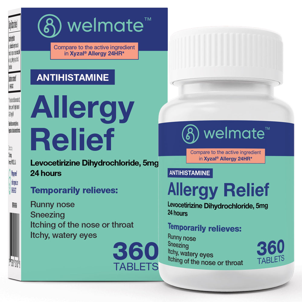 WELMATE levocetirizine 5mg 360ct bottle offering all-day allergy relief indoors and outdoors