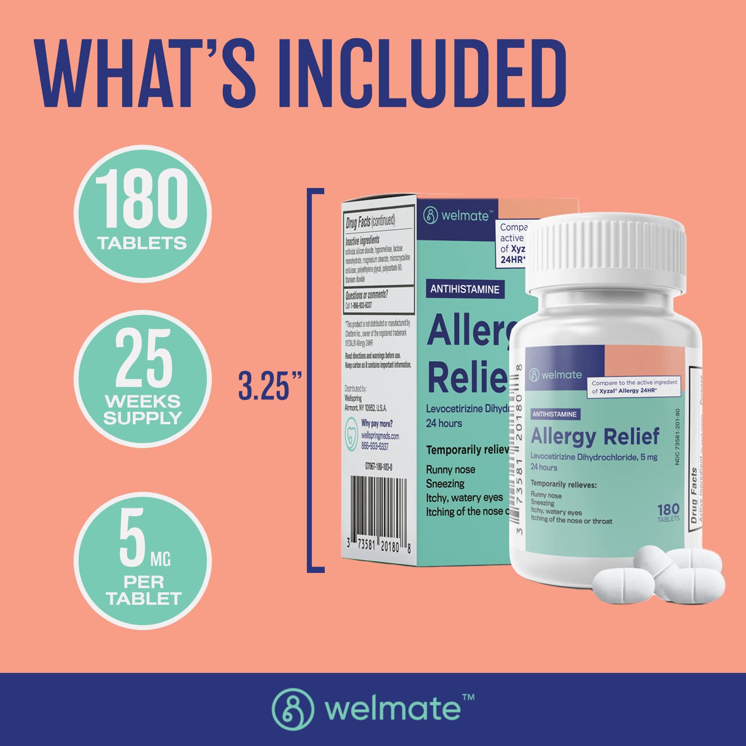 WELMATE Levocetirizine non-drowsy label indicates daytime use for steady allergy control.