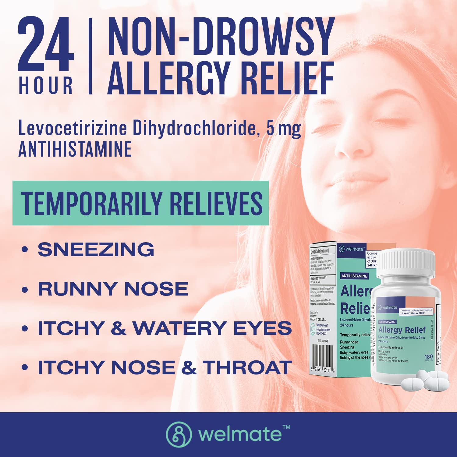 WELMATE Levocetirizine packaging front highlights 24-hour non-drowsy allergy support.