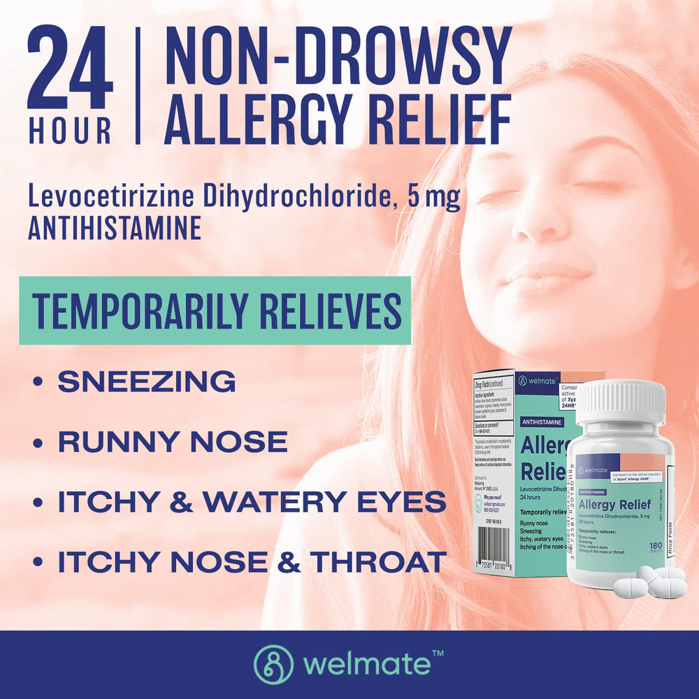 WELMATE Levocetirizine packaging front highlights 24-hour non-drowsy allergy support.