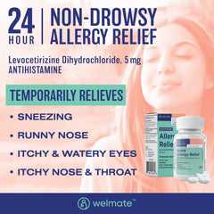 WELMATE Levocetirizine packaging front highlights 24-hour non-drowsy allergy support.