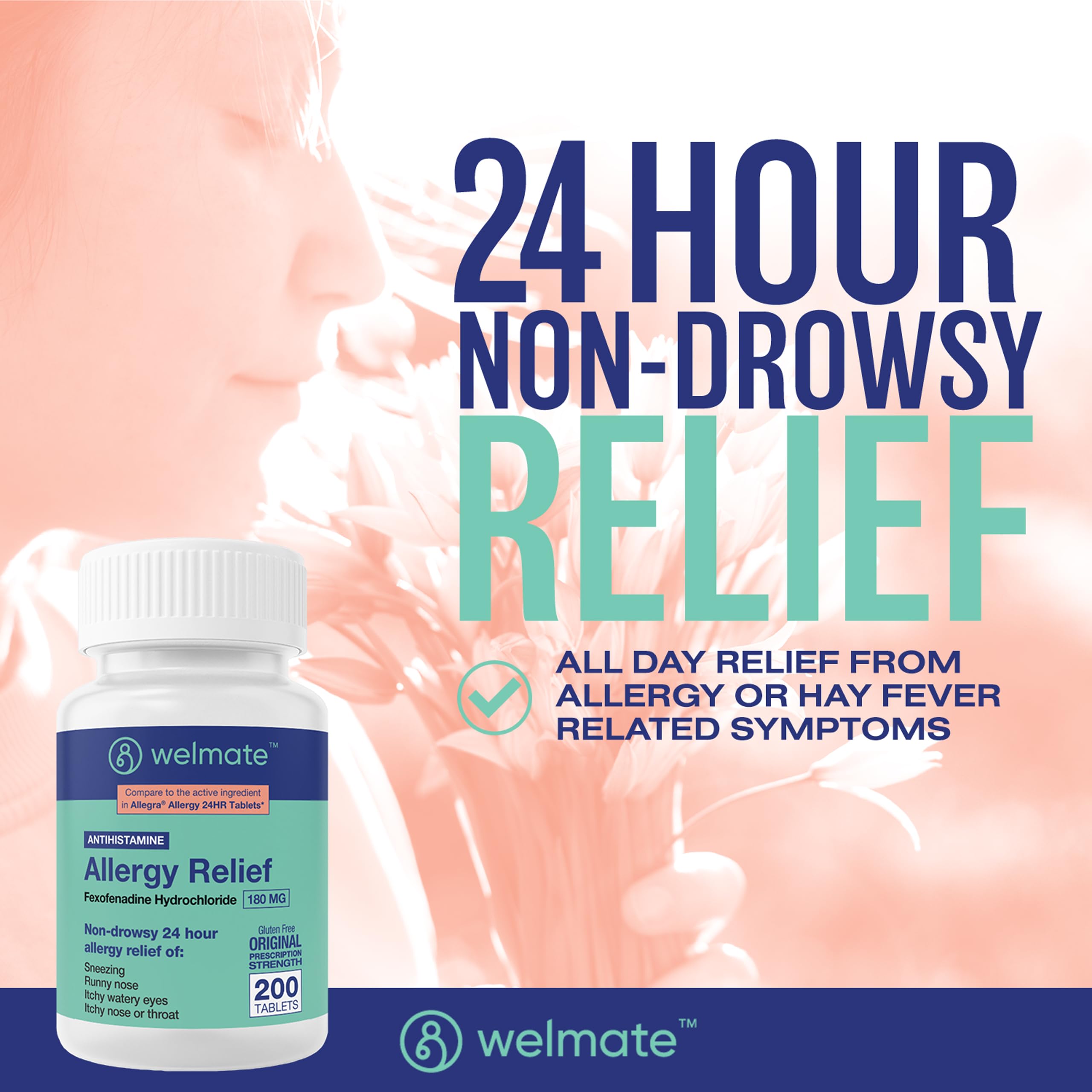 WELMATE non-drowsy antihistamine label highlighting 24-hour allergy relief.