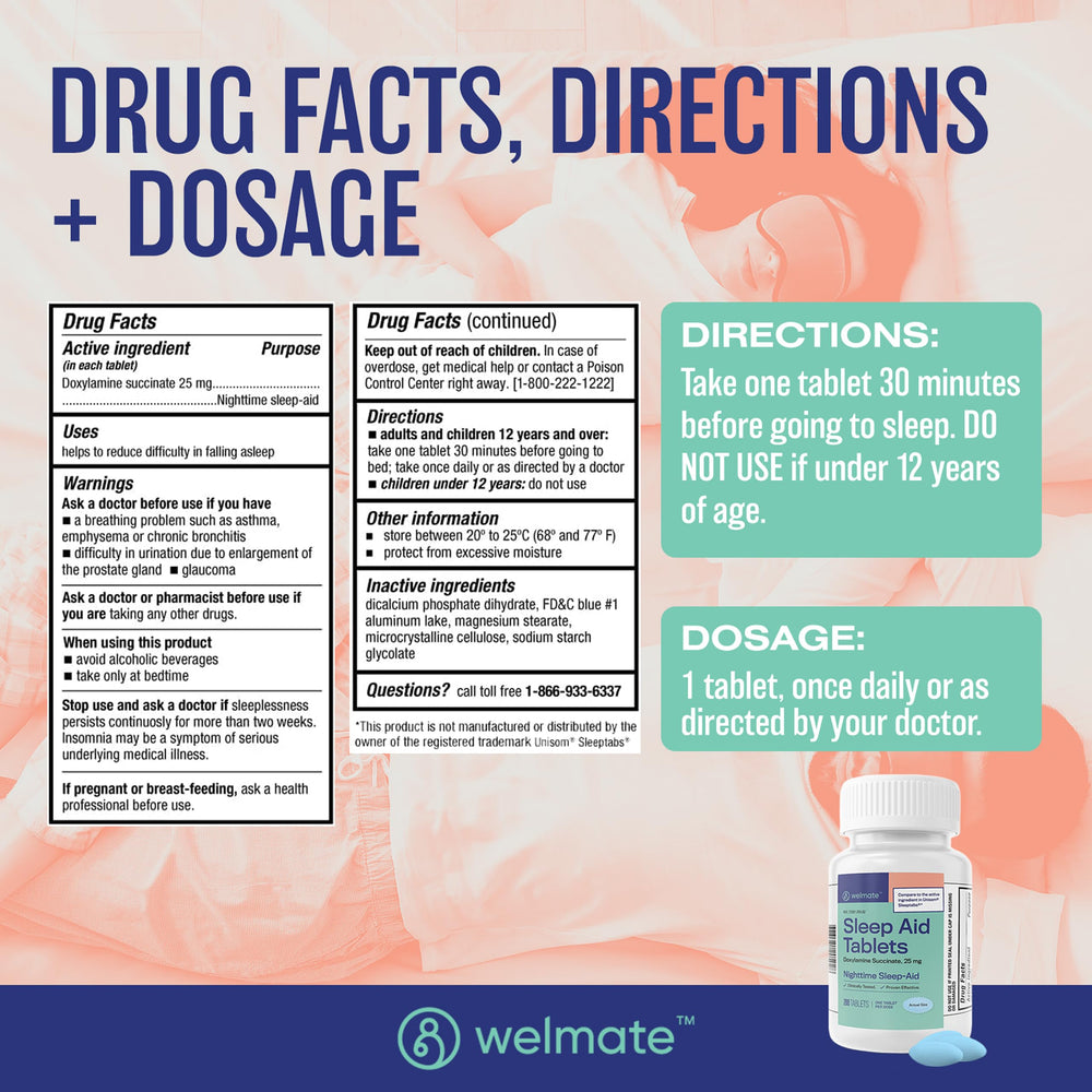 Illustration of WELMATE 25 mg tablets highlighting dosage for adults.