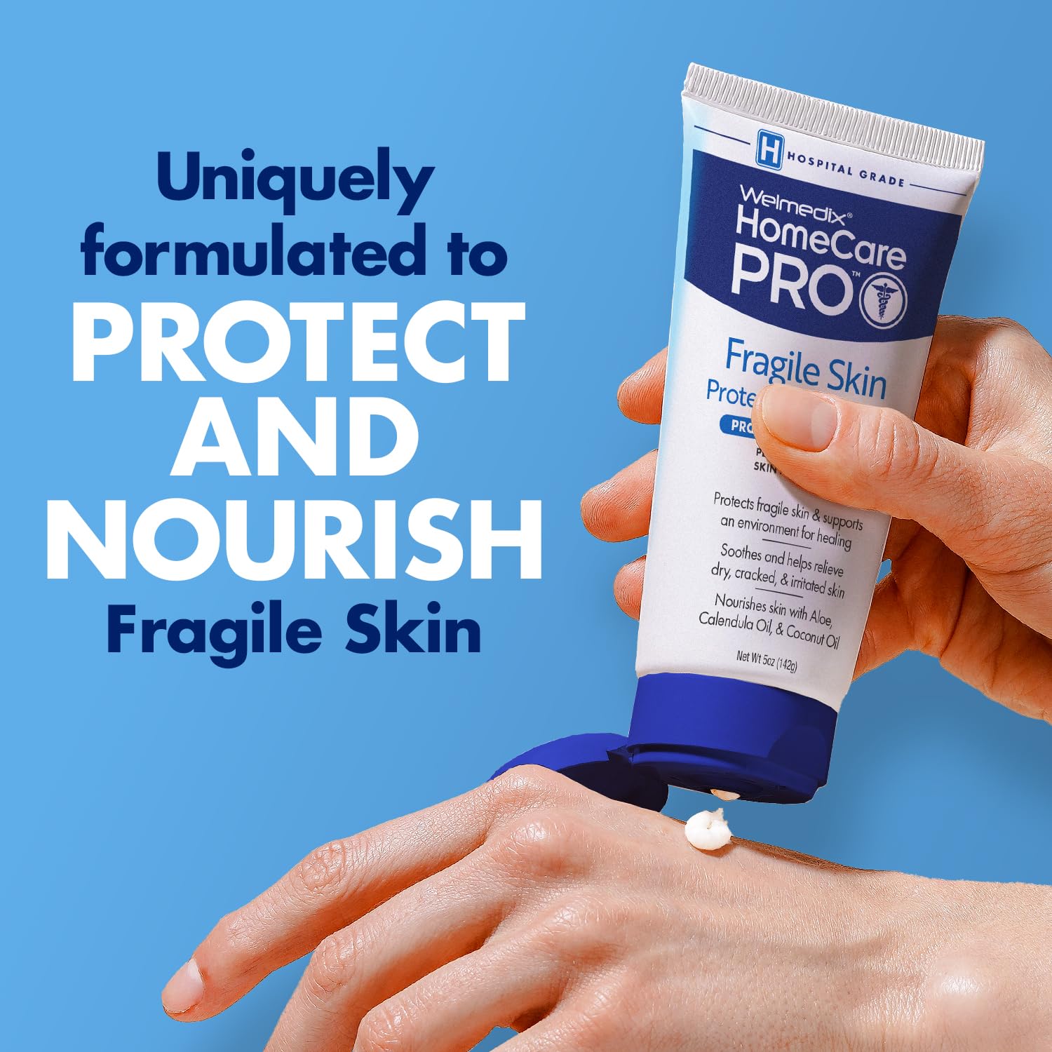 Welmedix Fragile Skin Ointment application on arm demonstrates easy daily use.