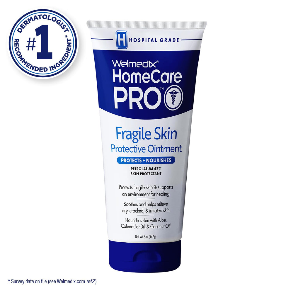 Welmedix Fragile Skin Ointment tube closeup shows creamy texture for gentle hydration.