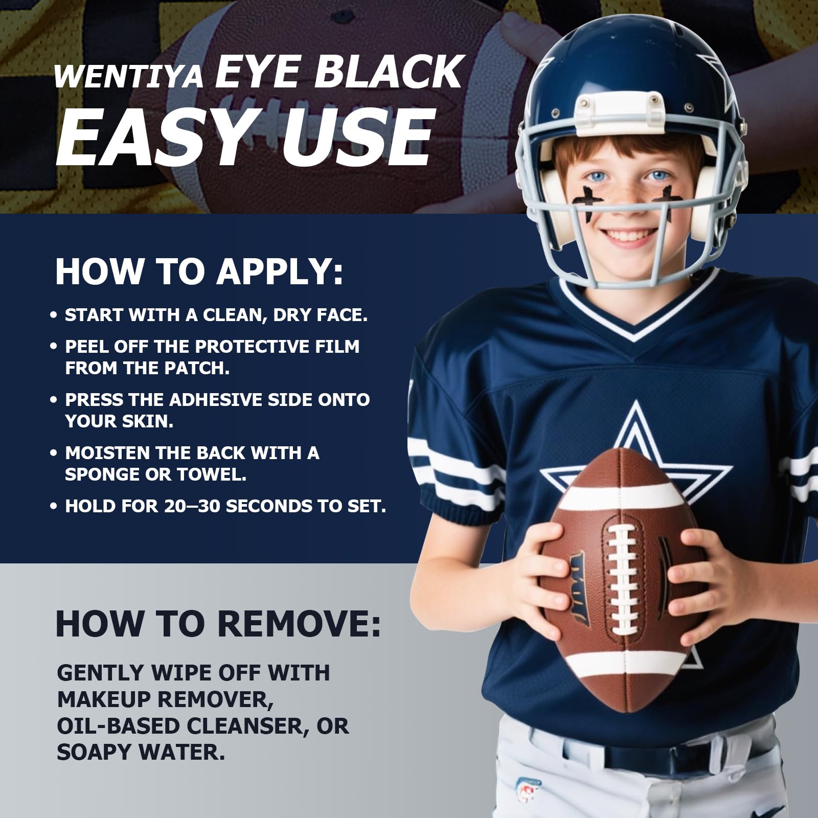 WENTIYA eye black tattoo for football and baseball adds a sleek, professional look.