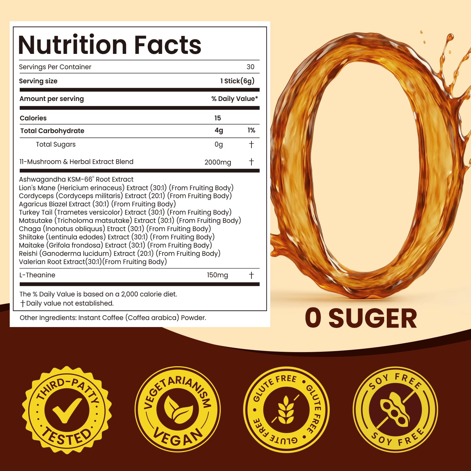 Close-up of 11 in 1 adaptogenic mushroom coffee with Ashwagandha KSM-66