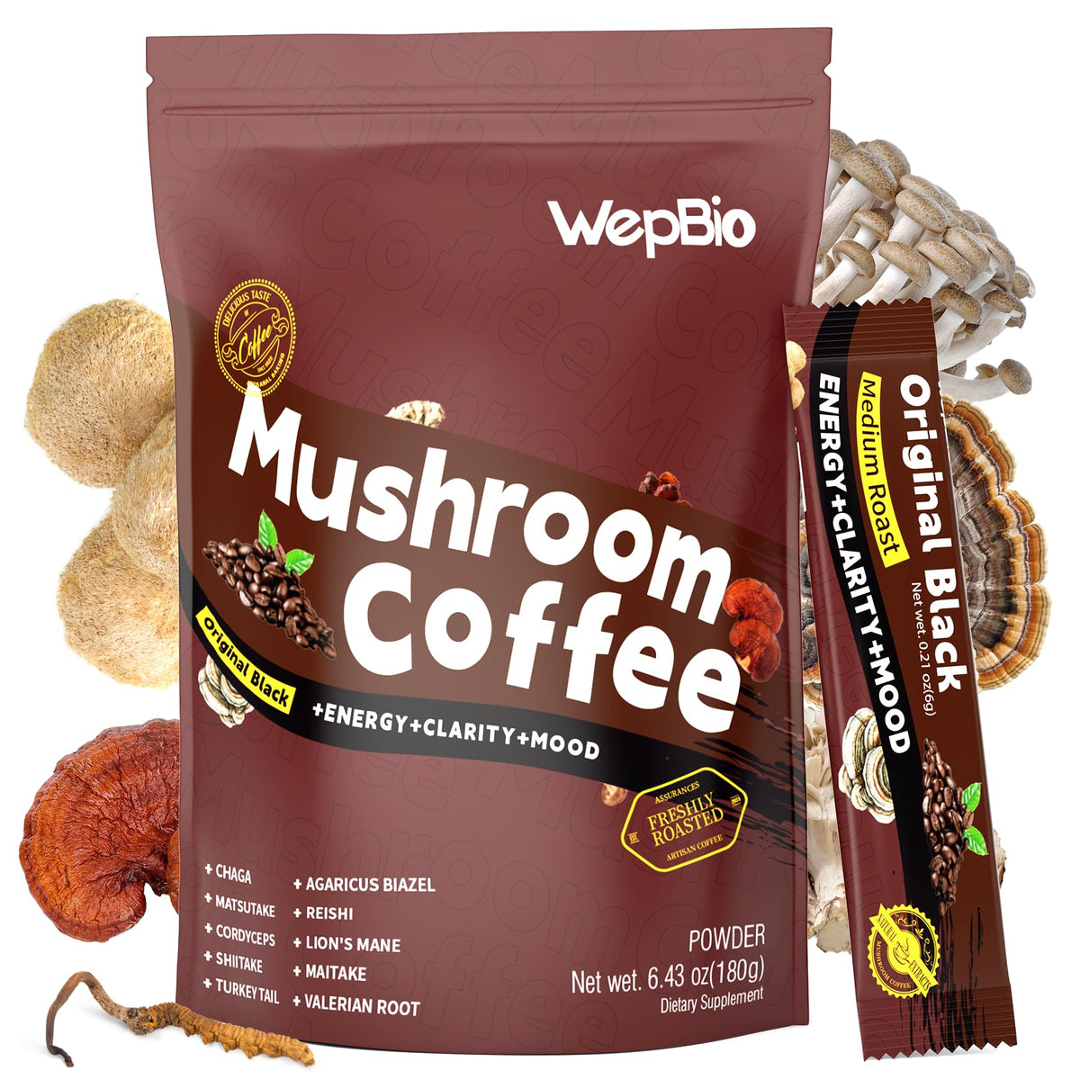 WepBio Original Black 11 in 1 mushroom coffee bag with 30 servings