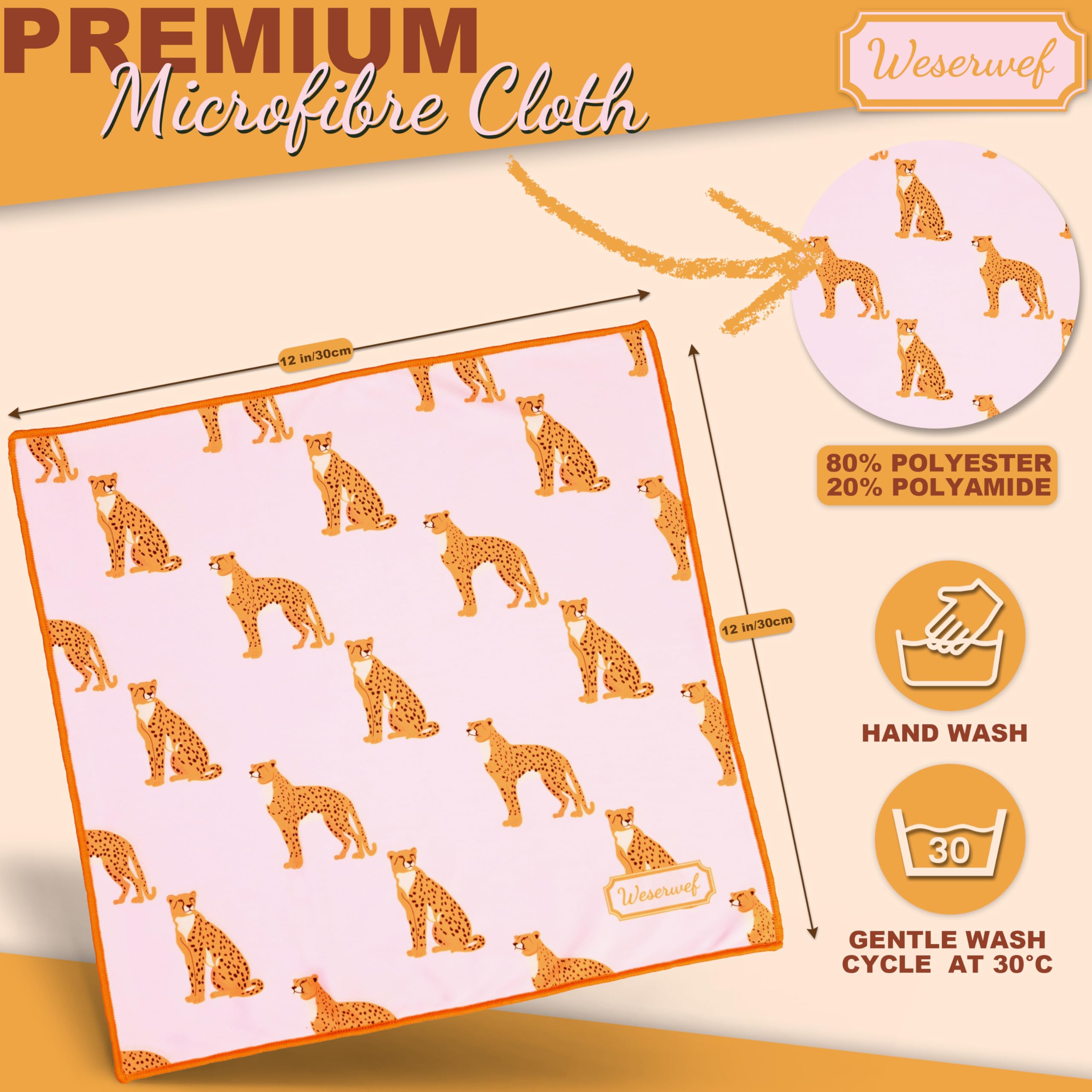 Flat lay of Weserwef Leo Pink microfiber cleaning cloth 12x12