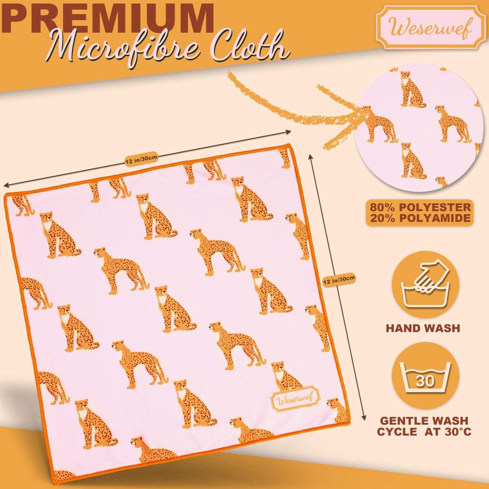 Flat lay of Weserwef Leo Pink microfiber cleaning cloth 12x12