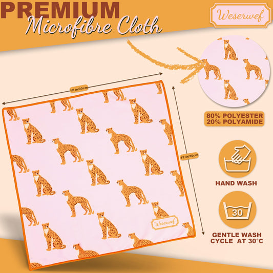 Flat lay of Weserwef Leo Pink microfiber cleaning cloth 12x12