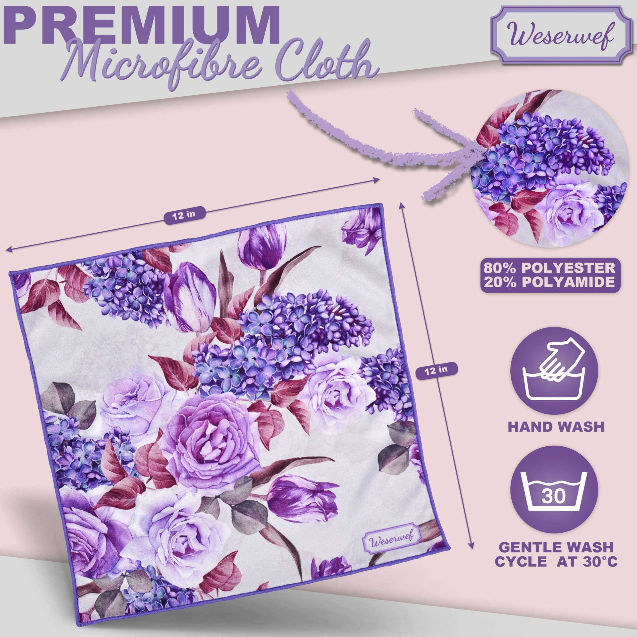 Close-up of Weserwef 12x12 inch microfiber cloth in rose and lilac