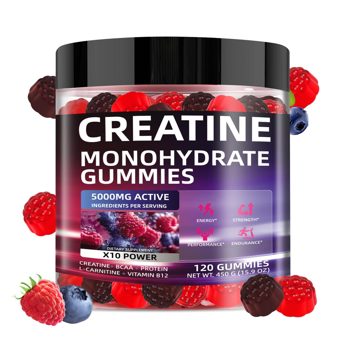 Packaging and 120-chew bottle of WEVYHFS SPORTS Creatine Gummies