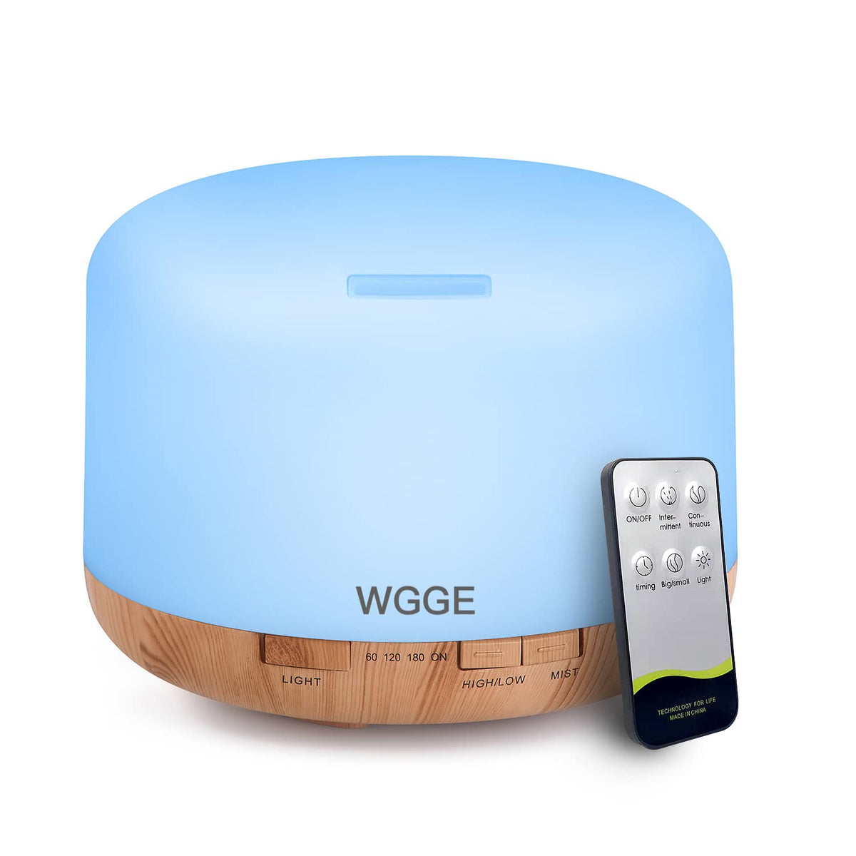 WGGE 500ml essential oil diffuser - front view with remote control