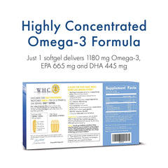 WHC UnoCardio 1000 softgels close-up highlighting convenient daily dose.