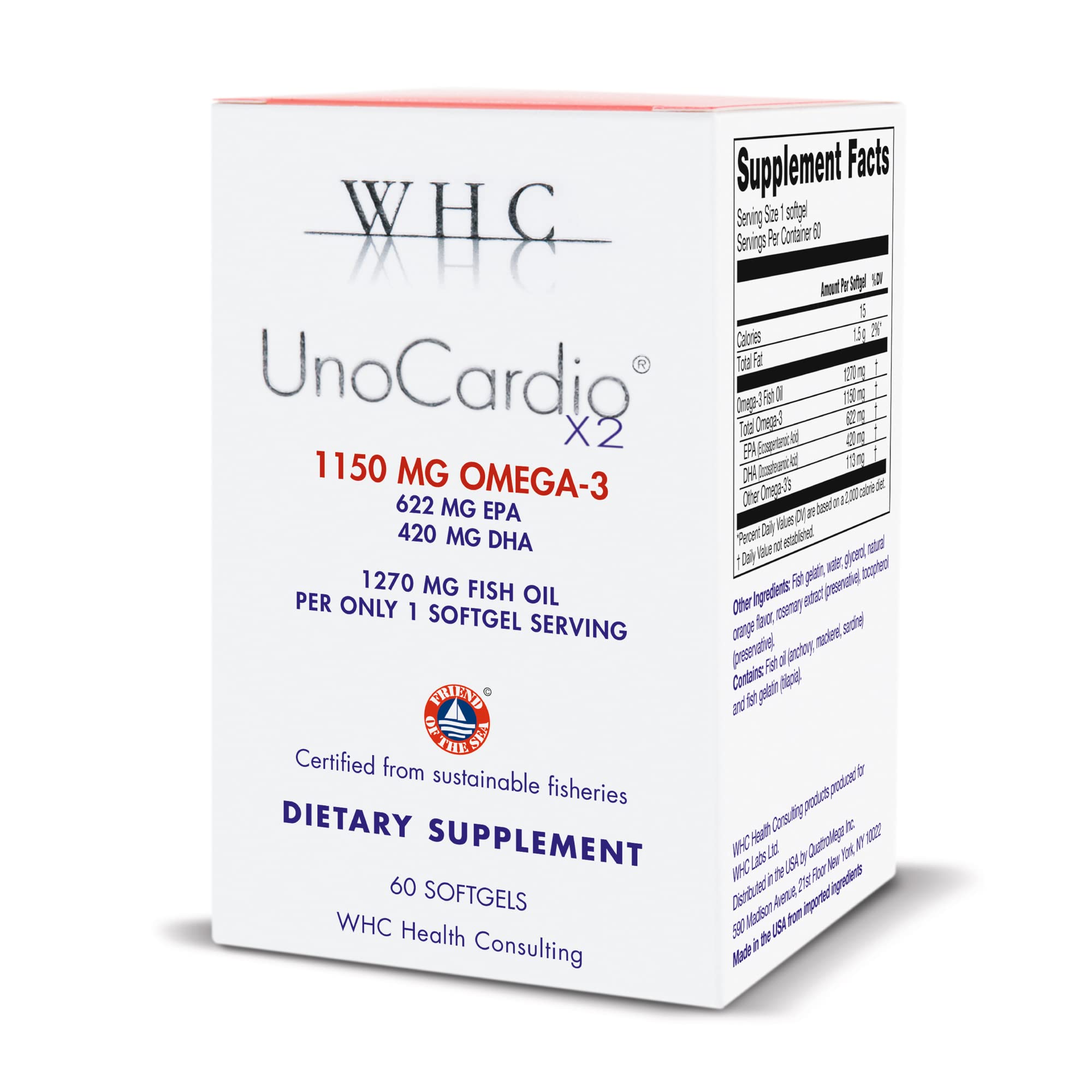 Front view of WHC UnoCardio X2 Fish Oil Natural Orange 60 softgels bottle