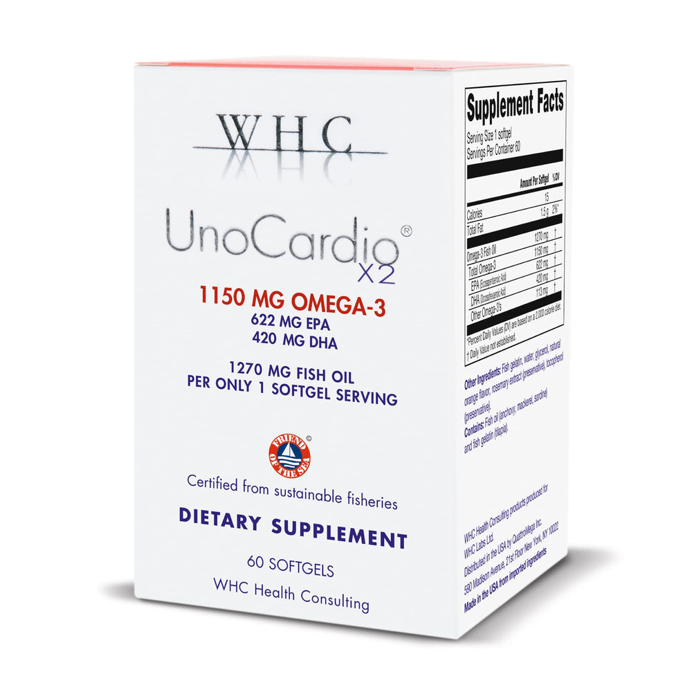 Front view of WHC UnoCardio X2 Fish Oil Natural Orange 60 softgels bottle