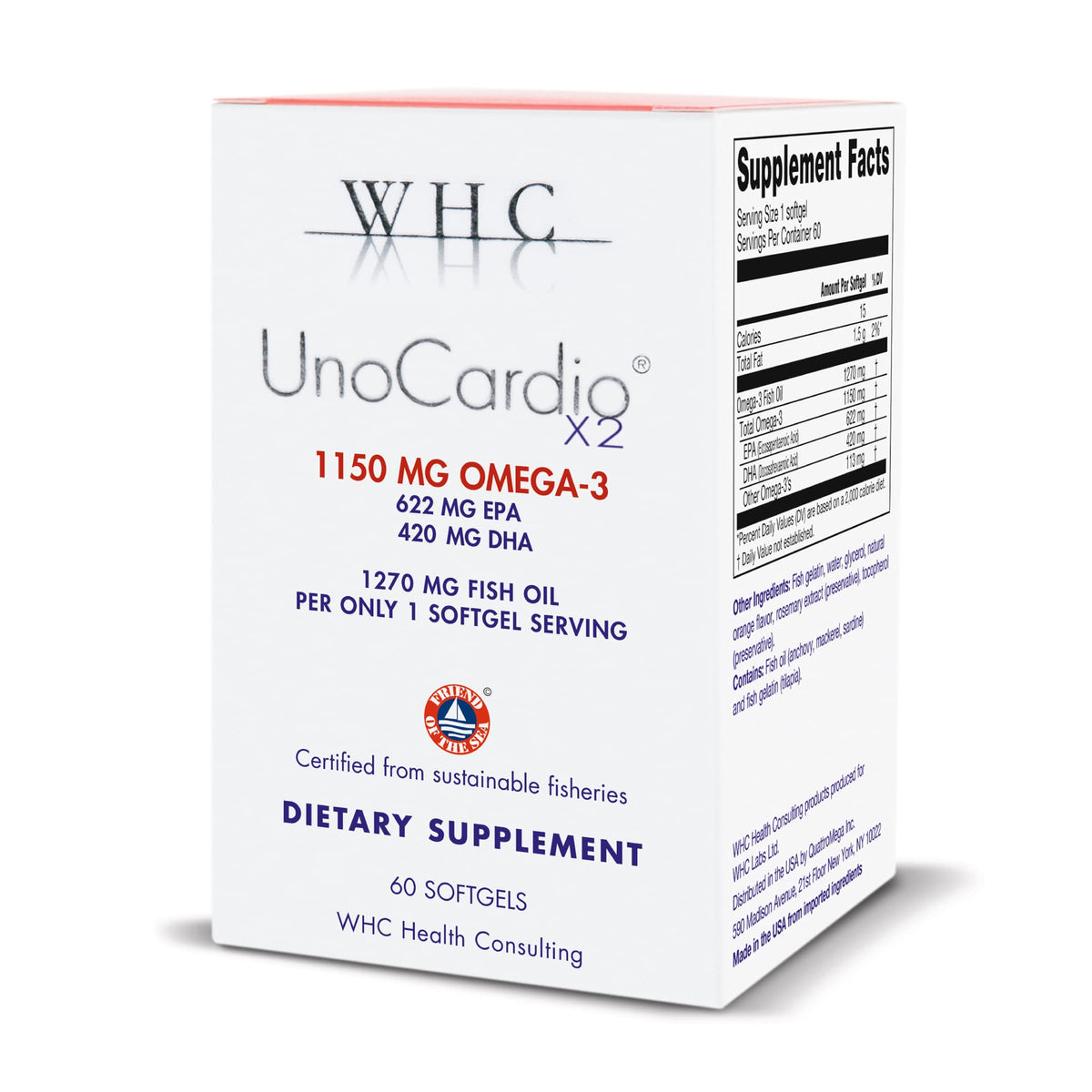 Front view of WHC UnoCardio X2 Fish Oil Natural Orange 60 softgels bottle