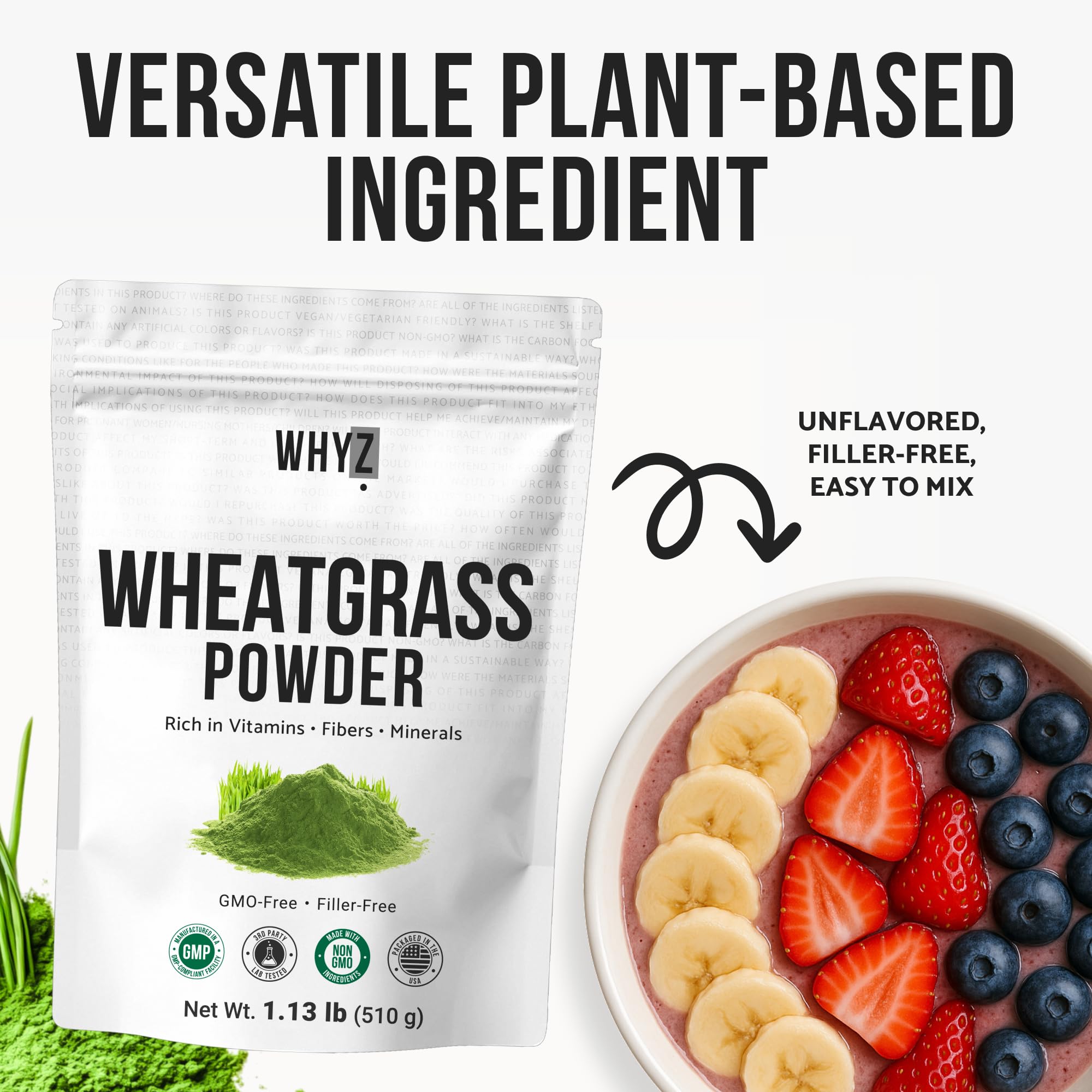 Gluten-free and vegan wheatgrass powder label