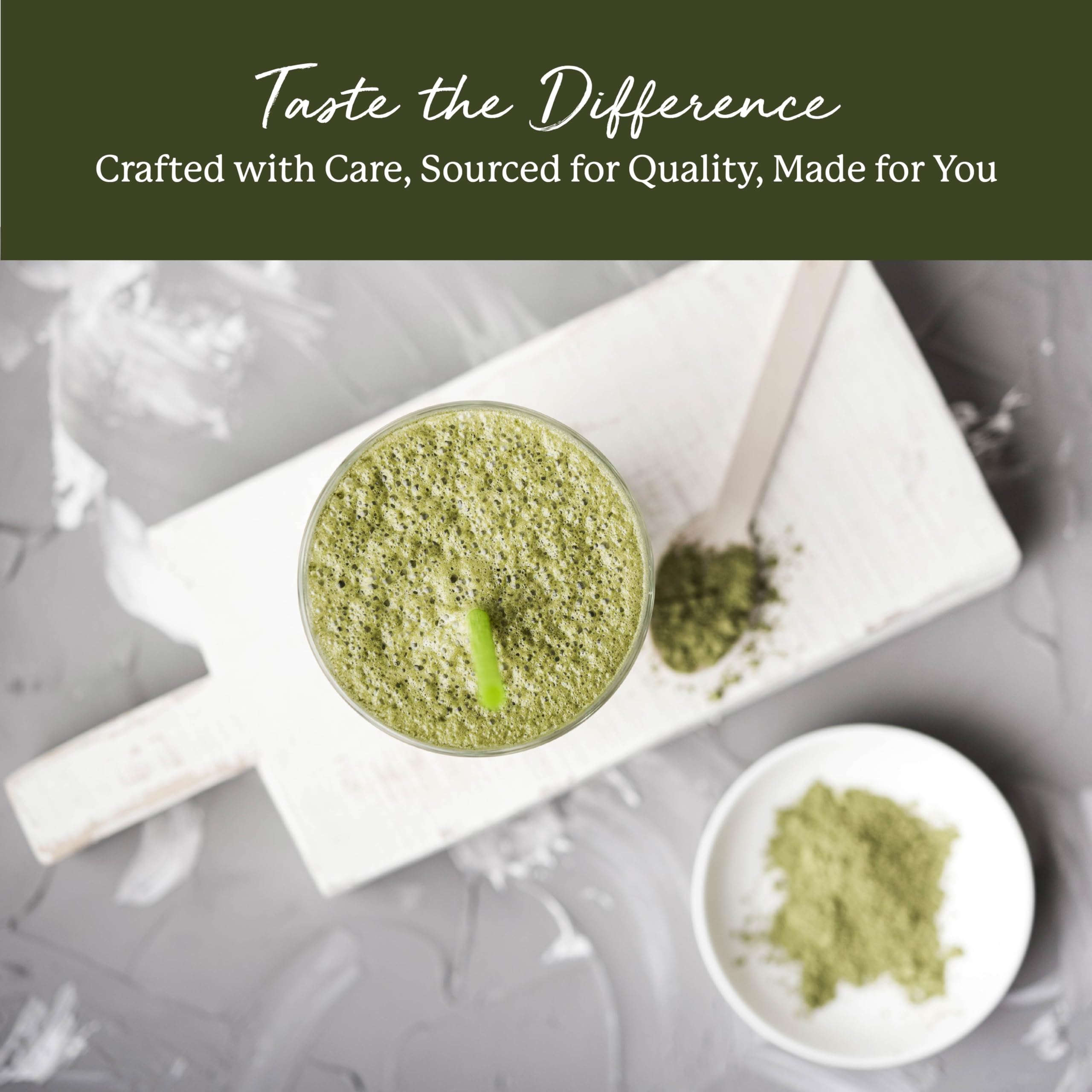 Wheatgrass powder being mixed into juice, tea, or water