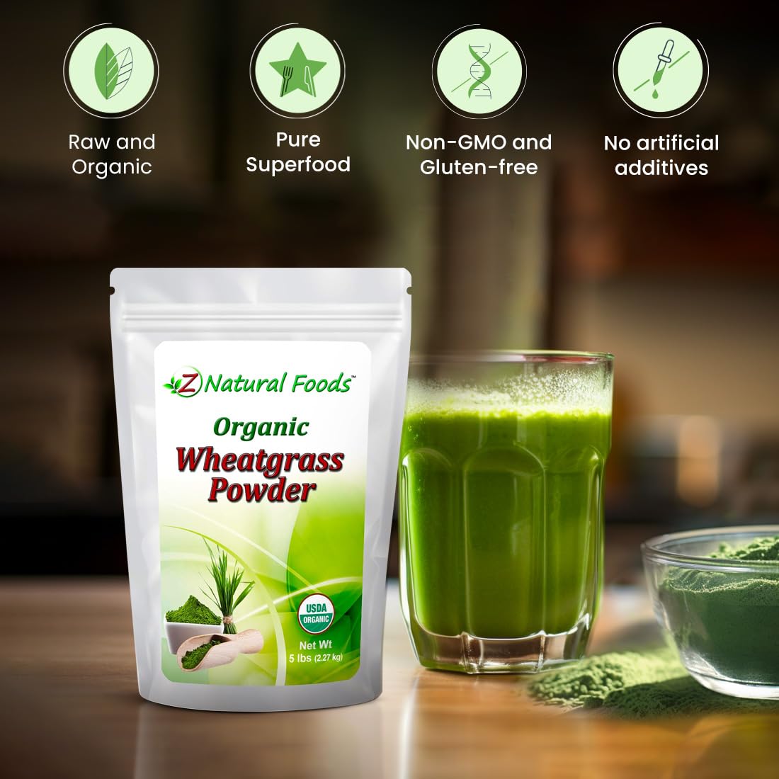 Wheatgrass powder being added to a smoothie