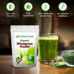 Wheatgrass powder being added to a smoothie