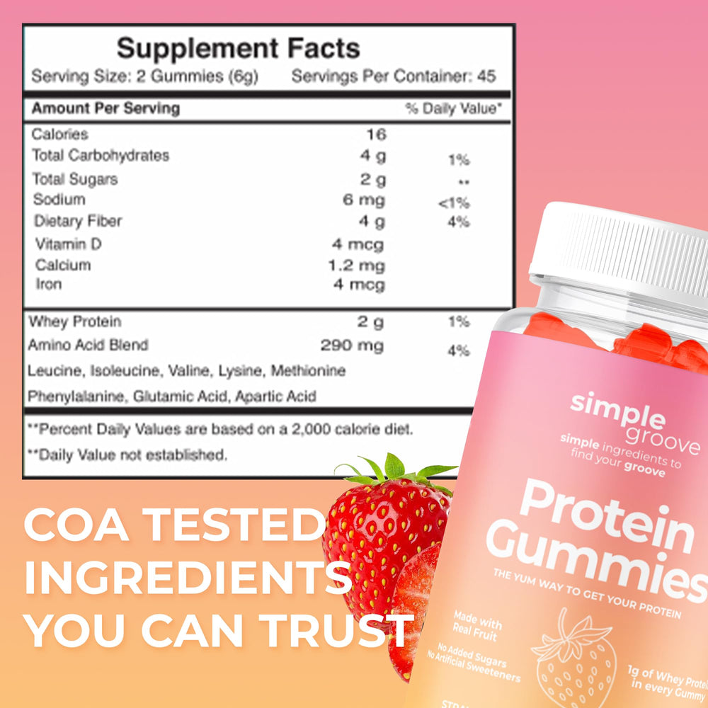 Close-up of whey protein gummy showing 1g protein per gummy.